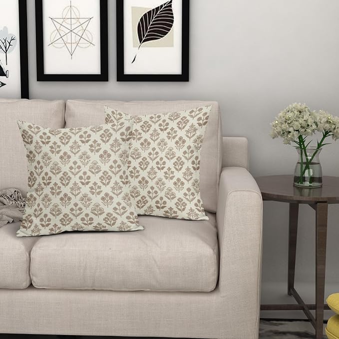 Brown Floral Pillow Covers 18x18 Inch Set of 2, Vintage Flower Block Print Pattern Decorative Throw Pillowcases Outdoor Farmhouse Cushion Covers Spring Summer Rustic Sofa Couch Bed Decor