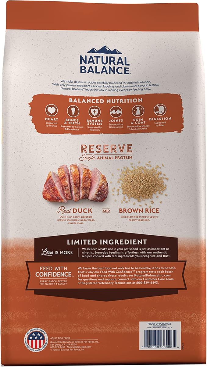 Natural Balance Limited Ingredient Dry Dog Food - Complete Nutrition for Adult Dogs - Wholesome Grains Brown Rice Recipe - Limited Ingredient Formula - 12 lb - Reserve Duck & Brown Rice