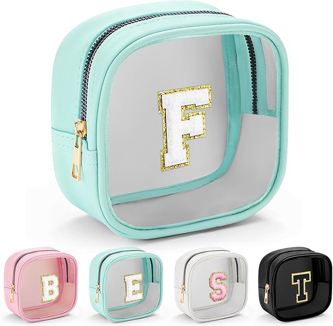 YOOLIFE Initial Make Up Bag Travel Toiletry Bag, Clear Makeup Bag Preppy Cosmetic Bags Organizer Travel Essentials Gifts for Women Teen Girlfriend Teacher Mom Birthday Mothers Day Gifts Blue F
