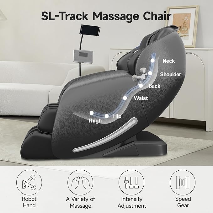 Real Relax 2025 Massage Chair Full Body, Zero Gravity SL-Track Shiatsu Massage Recliner, APP Control, Child Lock, Body Scan Bluetooth Foot Roller, favor 06, All Black