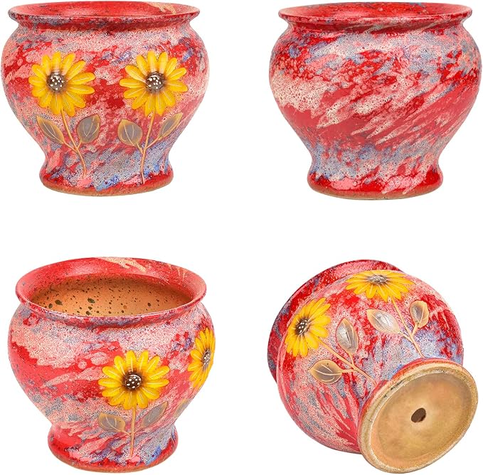 Sungmor 9 Inch Hand Painted Ceramic Succulent Plant Pots - Red & Daisy | Vintage Decorative Pottery Planters for Indoor Outdoor Plants, Table Centerpieces & Flower Arrangement Home Decor
