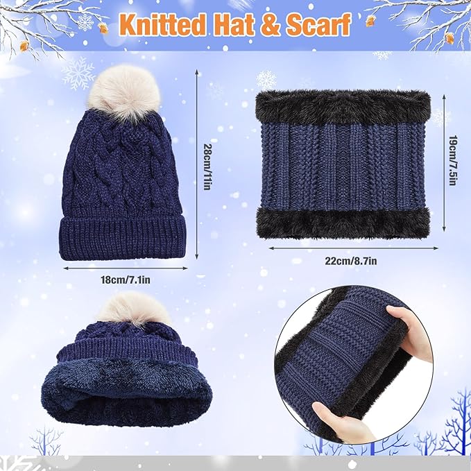 SATINIOR 5 Pcs Winter Hat Scarf Gloves Set Fleece Warm Lined Knit Beanie Hat Touch Screen Earmuff Gloves Warmer for Women(Navy Blue,Cool Style)