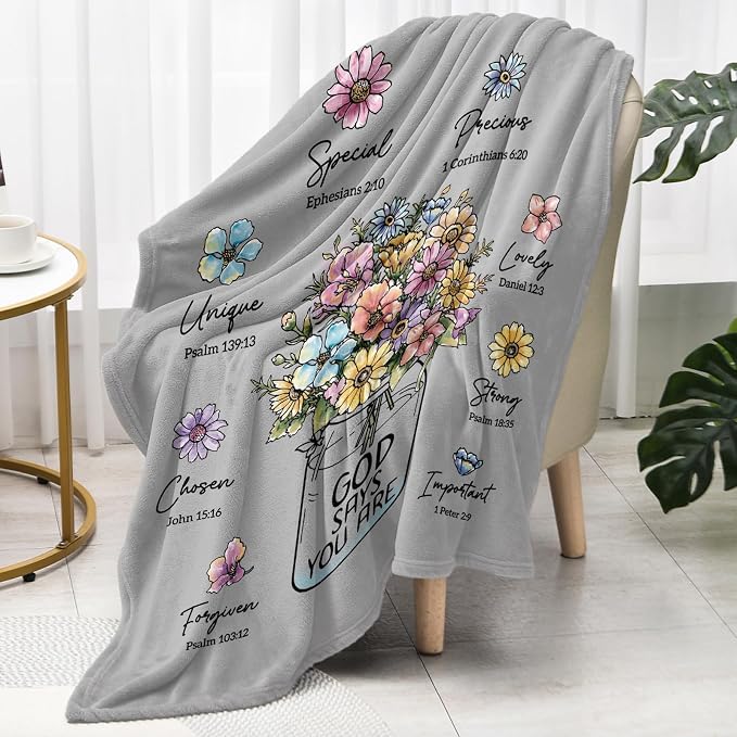 Christian Religious Gifts for Women, Grey Christian Blanket with Flowers | Birthday Gifts for Women, Spiritual Baptism Religious Gifts for Men Dad Mom Daughter Girls Boy, Soft Throw Blanket 60''x 50''