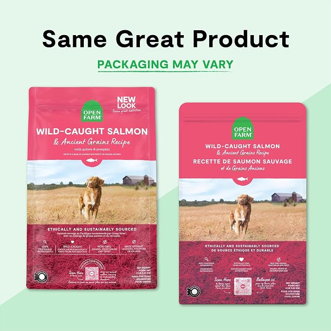 Open Farm, Ancient Grains Dry Dog Food, Protein-Rich & Nutrient Dense, 90% Animal Protein Mixed with Non-GMO Fruits, Veggies and Superfoods, Wild Caught Salmon Recipe, 4lb Bag (Pack of 3)