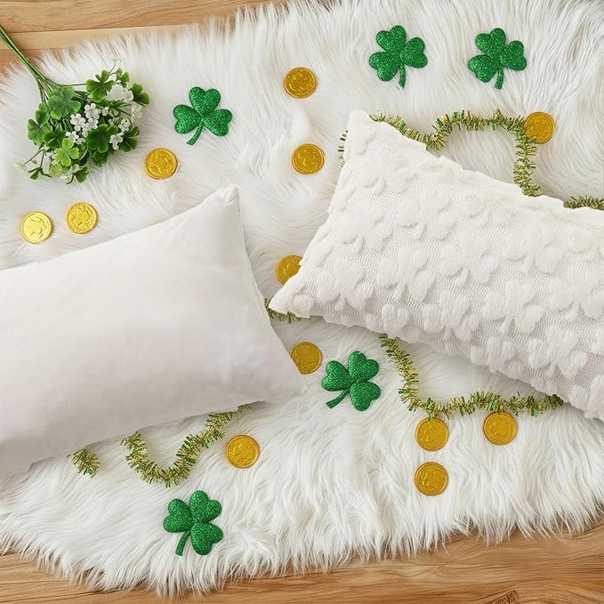 decorUhome Faux Fur Throw Shamrock Cream White Pillow Covers 12x20 Set of 2 | Plush Soft Wool St. Patrick’s Day Throw Pillow Covers, Accent Modern Farmhouse Pillow Covers Holiday Decor for Sofa Bed