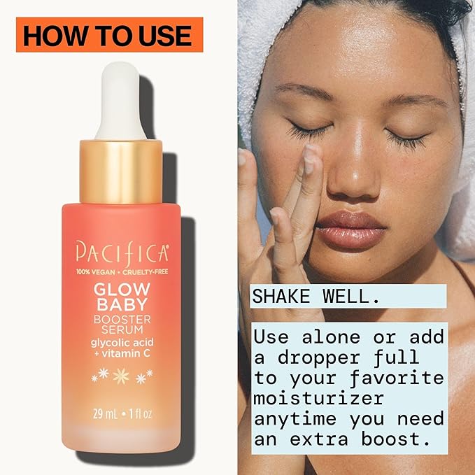 Pacifica Vitamin C Face Serum - Glow Baby Booster Facial Serum - Glycolic Acid Serum For Face - Dark Spot Corrector Anti Aging Brightening - Dermatologist Tested, Fragrance Free, Clean Skin Care Vegan