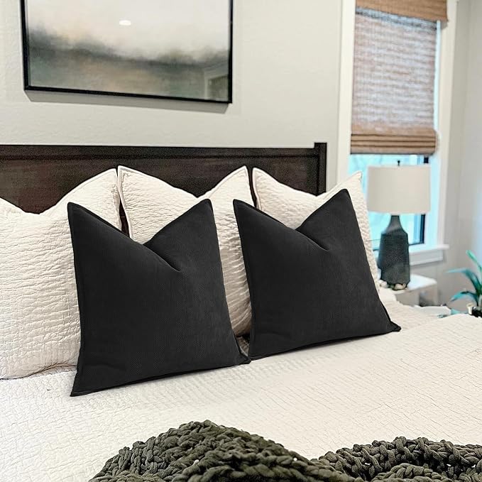 Black Pillow Covers 22x22 Set of 2 Chenille Throw Pillow Covers with Elegant Design Soft and Luxurious Decorative Throw Pillows for Couch, Bed, and Home Decor