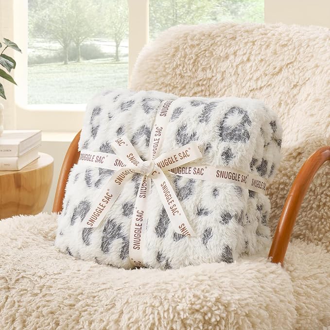 Snuggle Sac Leopard Luxury Faux Fur Blanket Twin Size for Bed Sofa,Ultra Soft Cozy Oversized Fluffy Blanket for Couch Living Room,Grey Leopard,60x80 inches