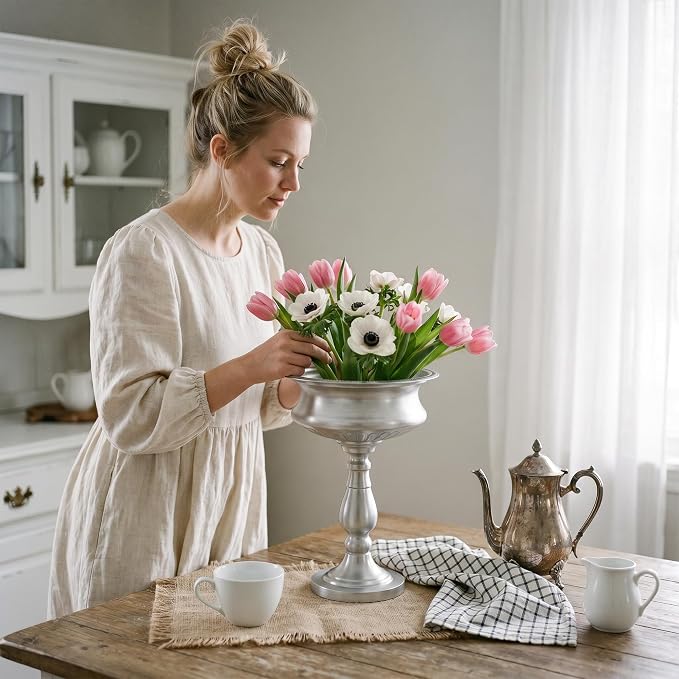 WORTH 15" H. Tall Silver Color Urn Vase for Centerpieces, 11.8" Dia. Classic Metal Trumpet Small Flower Pots for Table, Bowl Vase for Wedding Party Event Home Decor Smooth, Non-Aged Finish