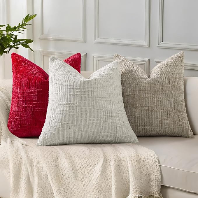 decorUhome Textured Chenille Throw Pillow Covers 18x18 Set of 2 Red | Fall Modern Farmhouse Soft Cozy Slubby Couch Pillow Cases Boho Decorative Pillow Cases for Bed Sofa Living Room Home Decor