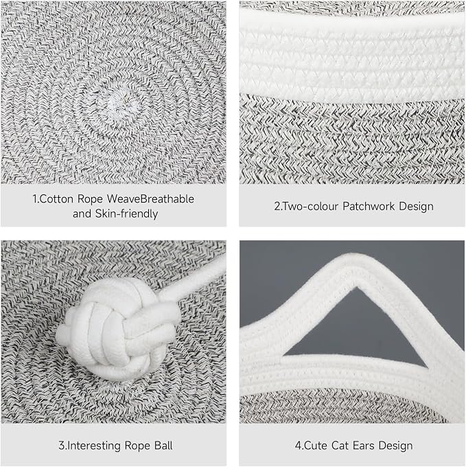 Cotton Rope Woven Cat Bed, Instinct Pet Basket with a Play Ball, Large | Foldable Cat Scratcher Basket for Indoor Cats, Puppies, Rabbits and Small Pets, White & Light Gray