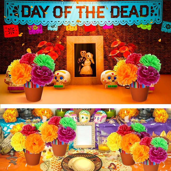 Reallnaive 9 Pcs Mexican Vase Table Decorations Fiesta Centerpieces | 4 Inch Terracotta Clay Pot with Drainage Hole, for Marigold Flower, Day of The Dead Table Decorations, Halloween Party Favor