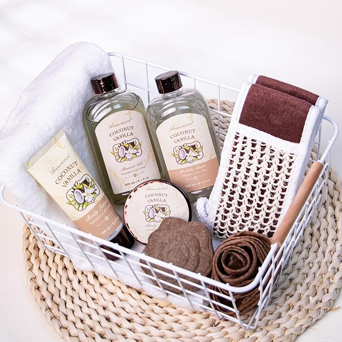 Spa Gift Baskets - Coconut Vanilla Bath Gift Set for Women, Relaxing Spa Kit with Bath Bombs, Body Lotion and Body Scrub, Birthday Gifts for Women, Christmas Spa Gifts for Mom