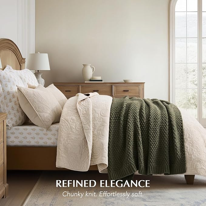 EVERGRACEHOME Chunky Chenille Knit Throw Blanket, 60 x 80, Olive Green | Sculpted Moss Stitch, Chic Modern Farmhouse, All-Season Warmth, OEKO-TEX® Certified, Elegant Blanket for Couch, Bed, Sofa