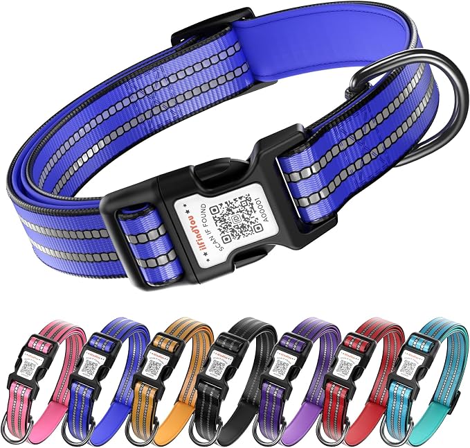 Personalized Dog Collar with QR Code Dog Tag, Navy Blue L | Anti-lost, 1000D nylon, reflective, padded, XS-L(8"-24"), QR buckle shares lost pet profile, location alerts when scanned