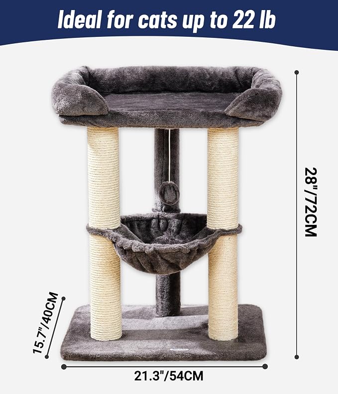28" Cat Tree, Large Bed for Big Cats, Small Cat Tower with Soft Perch for Window Viewing, Stable Cat Tree Tower, Cat Scratching Post with Hammock, Removable Cover-Gray