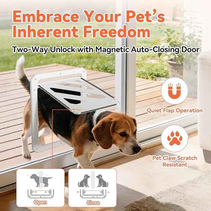 LIBBEPET Dog Door for Screen Door with Lockable Flap for Dog ≤50 lbs, White | Outer Size 13"x17", Reinforced ABS Frame, Magnetic Auto-Reset Flap, Mosquito Resistant Brush, Scratch Resistant
