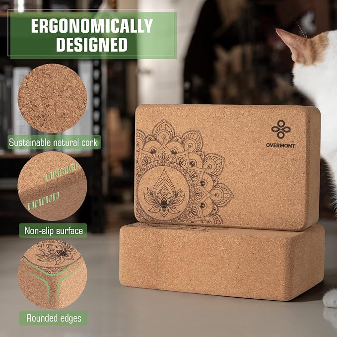 Overmont Cork Yoga Blocks 2 pack with 8ft Strap Natural Cork Bricks | High Density & Eco Friendly Yoga Accessories for Women - Ideal for Yoga Pilates General Fitness and Stretching 9x6x3''