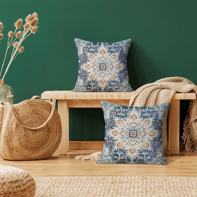 AEIOAE Boho Pillow Covers 20x20 Inch Set of 2,Carpet Pattern Throw Pillows Case,Blue Yellow Ethnic Design Outdoor Decorative Square Linen Farmhouse Decor Cushion Covers for Home Sofa Bed Couch