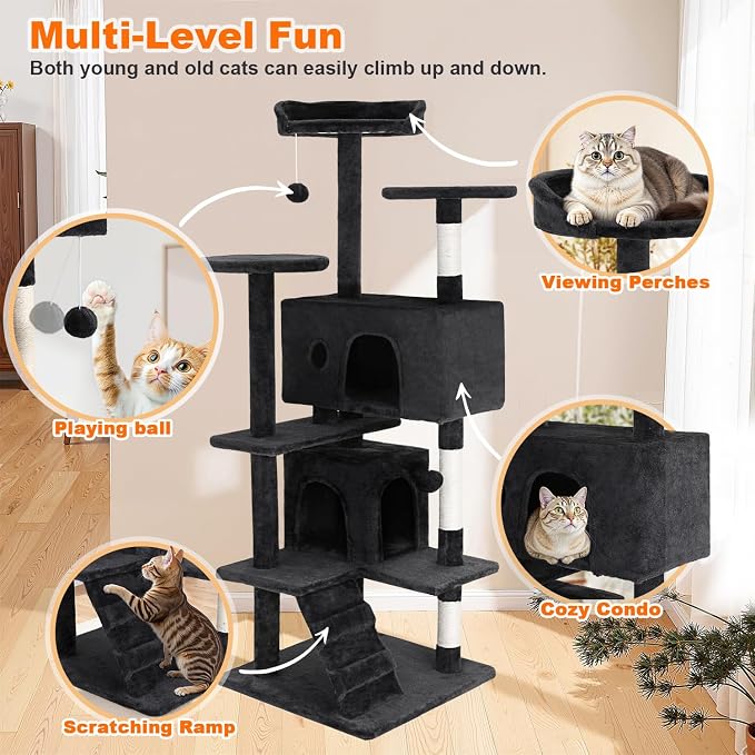 FDW Cat Tree 54in Cat Tower Multi-Level Durable Cat Scratching Post & Cozy Fun Cat Jumping Platform Space Saving Cat Condo Pet Play House for Indoor Cats,Grey