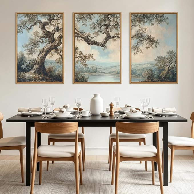 BINCUE Vintage Tree Wall Art Framed Rustic Forest Paintings Neutral Landscape Wall Decor Canvas Mountains Lake Artwork Abstract Tree Prints for Living Room Bedroom Office 24 "Lx36 W Set of 3