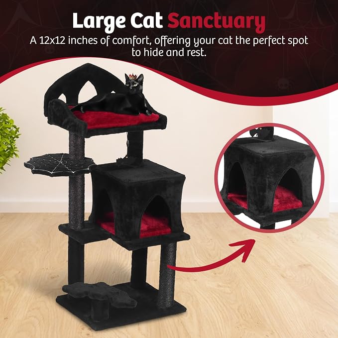 Gothic Cat Tree - 40" Goth Cat Bed, Spacious Condo, Spooky Hanging Bat, Durable Sisal Scratching Post - Elegant Black Cat Tree for Majestic Felines