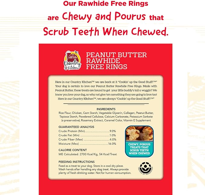 Country Kitchen Rawhide Free, Peanut Butter Rings Dog Chews, 21 Count | Made with Real Peanut Butter, Highly Digestible, Gluten Free