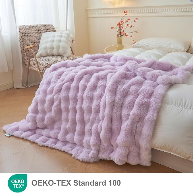 LIFEREVO Luxury Fluffy Faux Rabbit Fur Throw Blanket 50x60, Lavender | Plush Bubble Blanket for Bedroom Living Room Office, Decorative Soft Furry Light Purple Lap Throw for Girls Woments, Washable