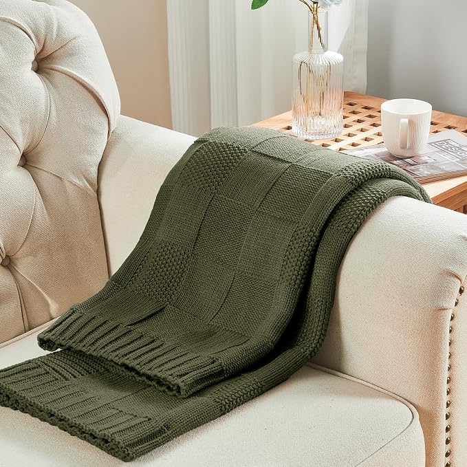 CozeCube Olive Green Knitted Checkered Throw Blanket 50"X60" | Check Knit Throw for Couch, Decorative Christmas Soft Cozy Warm Blanket for Bed Sofa Living Room