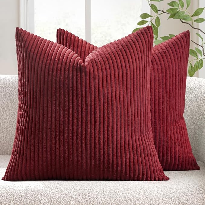 MIULEE Decorative Corduroy Throw Pillow Covers Set of 2 18x18 Burgundy | Soft Striped Textured Cushion Cases, Boho Energetic Vibe Pillowcases for Home Decor, for Couch Chair Sofa Bed Living Room