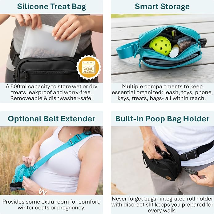 Auntie Sally’s Dog Treat Pouch for Training Hands Free Adjustable Belt Silicone Liner Multiple Pockets