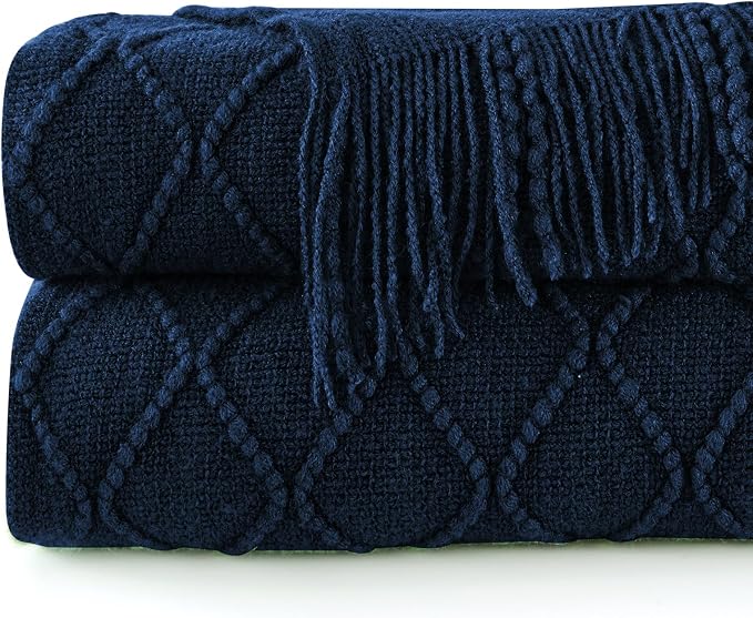 inhand Dark Blue Knitted Throw Blanket for Couch and Bed, 50"x60" | Soft Cozy Knit Blanket with Tassel, Lightweight Decorative Blankets and Throws, Farmhouse Warm Woven for Men and Women