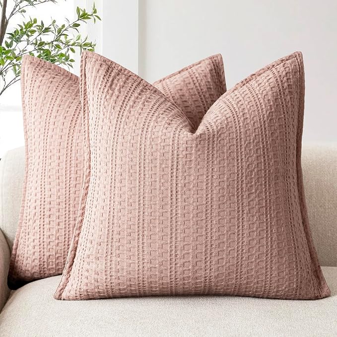 Foindtower Set of 2 Decorative Cotton Waffle Weave Throw Pillow Covers Euro Shams Cushion Covers Accent European Pillowcase for Bed Couch Sofa Bedroom Living Room Home Decor 22×22 Inch Dusty Pink