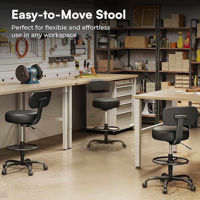 SUPERJARE Drafting Chair with Back, Adjustable Foot Rest Rolling Stool, Multi-Purpose Office Desk Chair, Thick Seat Cushion for Home Bar Kitchen Shop - All Black 7205DD