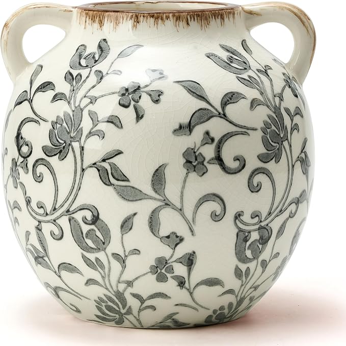 Gray Vintage Antique Vase, 5.6 Inch All Seasons Chinoiserie Floral Vase, Rustic Ceramic Vase for Home Decor, Living Room, Bookshelf, Office, Entryway, Garden, Chinoiserie Decor, Tuscan Decor