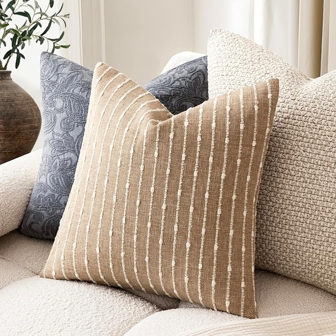 Foindtower Pack of 2 Decorative Jacquard Boucle Throw Pillow Covers Accent Textured Striped Pillowcases Soft Cozy Boho Modern Cushion for Couch Sofa Bedroom Living Room Home Decor 22x22 Inch Camel