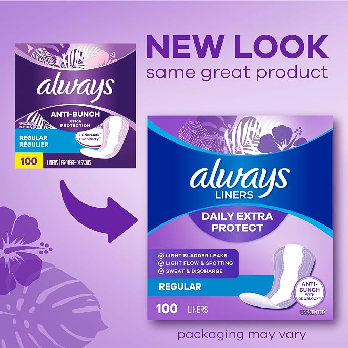 Always Panty Liners for Women Anti-Bunch Xtra Protection Daily Liners, Long, Unscented, 272 Count (Pack of 2)