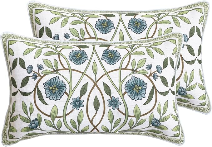 Designer Linen Throw Pillow Cover,Set of 2,20"x12"-Mosella A | French Elegant Rectangle Decor Pillow Cover,Concealed Zipper Design,Floral Pattern,Sofa,Bedroom,Living Room,Lounge Chairs