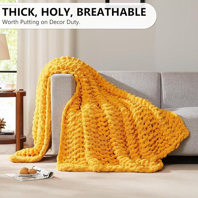 L'AGRATY Chunky Knit Throw Blanket for Couch, 72 x 84 Inches Mustard Yellow | Handmade Chenille Crochet Blanket for Sofa Bed, Thick Cable Knitted Blankets for Room Home Decor, Birthday Gift for Women Mom