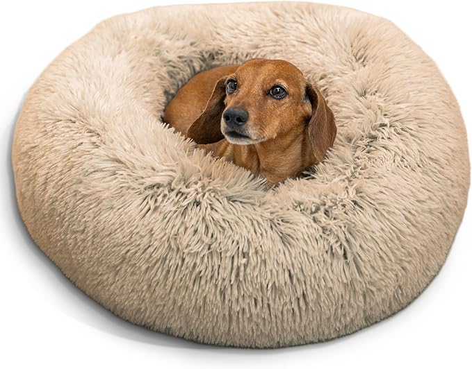 Best Friends by Sheri Original Calming Donut Dog Bed, Taupe, Small, 23" | Machine Washable, Shag Faux Fur, Orthopedic Support, Sense of Security, Water-Resistant Base, Small Dogs Up to 25 lbs