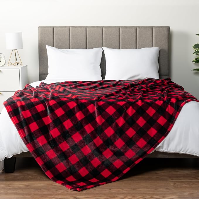 PAVILIA Black and Red Buffalo Plaid Fleece Bed Blanket King Size, Soft Checkered Flannel Blanket for Sofa, Plaid Christmas Couch Throw Bed, Warm Cozy Decorative Blanket Fall Decor Gift, 90x90