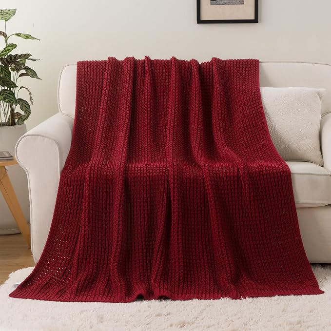 Red Throw Blanket for Couch, Soft Cozy Knit Waffle Throw Blanket 60"x80" | Chunky Chenille Throw Blanket, Decorative Christmas Throw Blanket for Bed Sofa Gifts,Modern Farmhouse Knitted Style