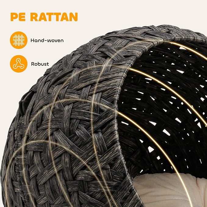 PawHut Rattan Cat Bed Elevated Handwoven Cat Basket Bed for Kittens Gray | Soft Cushion, Metal Base, Indoor Kitty Furniture, Breathable