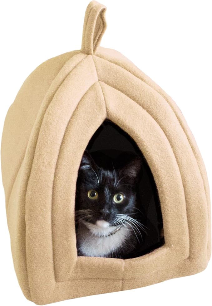 Cat House - Indoor Bed with Removable Foam Cushion - Pet Tent for Puppies, Rabbits, Guinea Pigs, Hedgehogs, and Other Small Animals by PETMAKER (Tan) | Plush Cat Tent Bed for Small Kittens, Rabbits, Guinea Pigs, and Other Small Animals, Comfortable Coz...