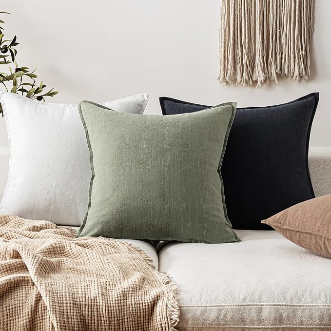EMEMA Decorative Linen Throw Pillow Covers 20x20 Inch Olive Green | Boho Farmhouse Neutral Couch Throw Pillows for Bed Pack of 2 Accent Pillowcase Modern Sofa Cushion Livingroom Home Decor