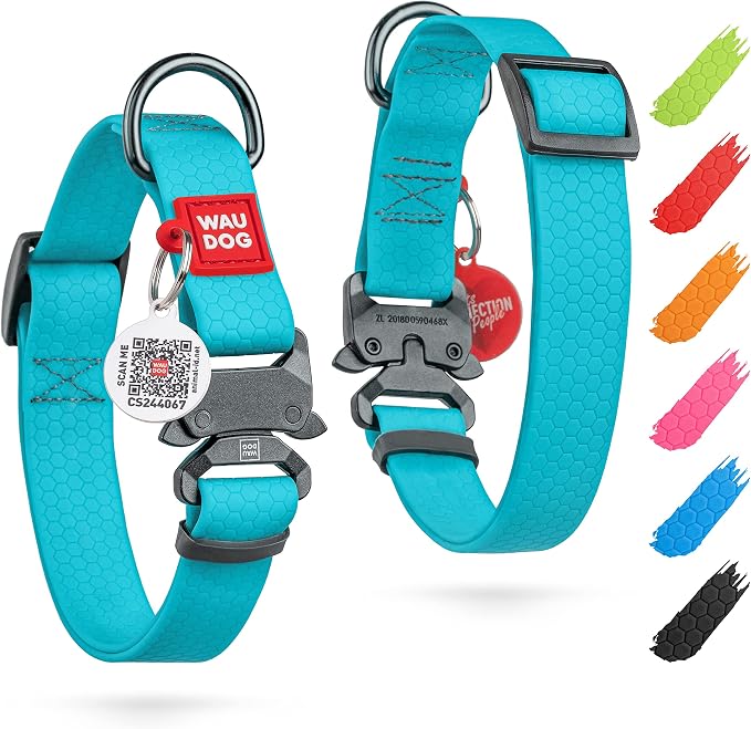 WAUDOG Waterproof Dog Collar Airtag Holder QR Tag Small Medium Large Dogs | Water and Dirt Resistant, Quick Dry QR Pet Tag Adjustable Durable Comfort for Male and Female Dogs Outdoor Walking Training