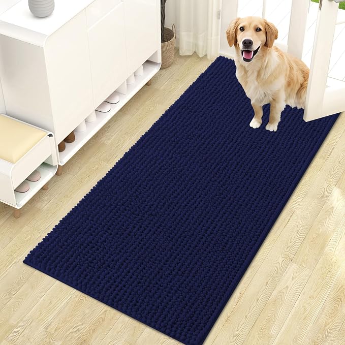 OLANLY Dog Door Mat for Muddy Paws 47x24, Extra Absorbent Chenille Mud Mat | Navy Blue, Absorbs Moisture and Dirt, Non-Slip Machine Washable Doormat, Quick-Drying Indoor Entryway Floor Mat for Dogs