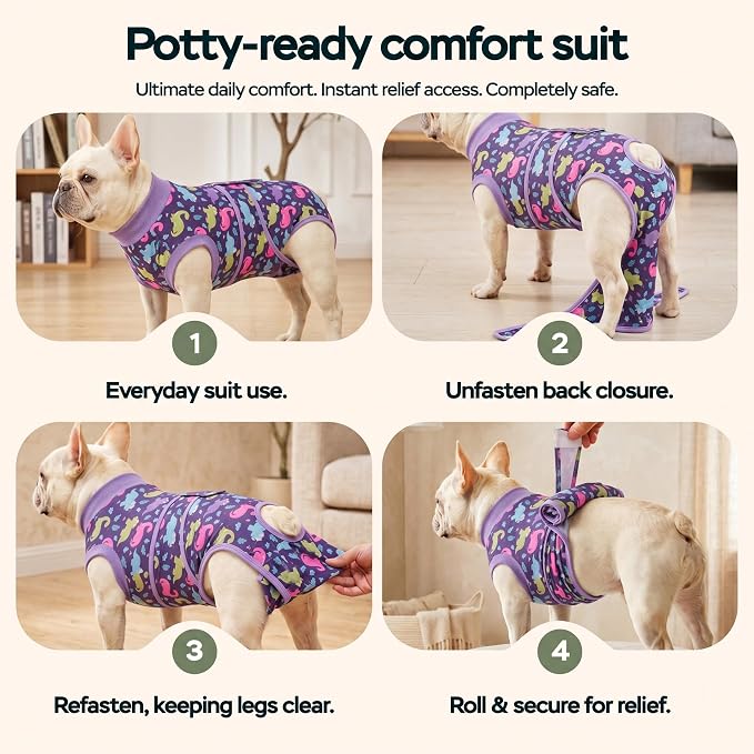 PetWarm Dog Post Surgery Suit Spay, Pet Recovery Suit for Dogs, Onesies for Dogs, Substitute E-Collar and Cone, Anti-Licking Dog Onesie for Surgery Female, Dinosaur Pattern, Purple, XS
