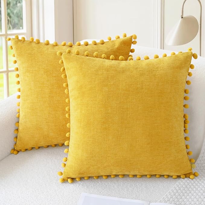 CaliTime Decorative Throw Pillow Covers 20 X 20 Inches Mustard Yellow | Pack of 2, Cozy Chenille Cushion Cases, with Pom Poms for Sofa Bed Living Room Farmhouse Home