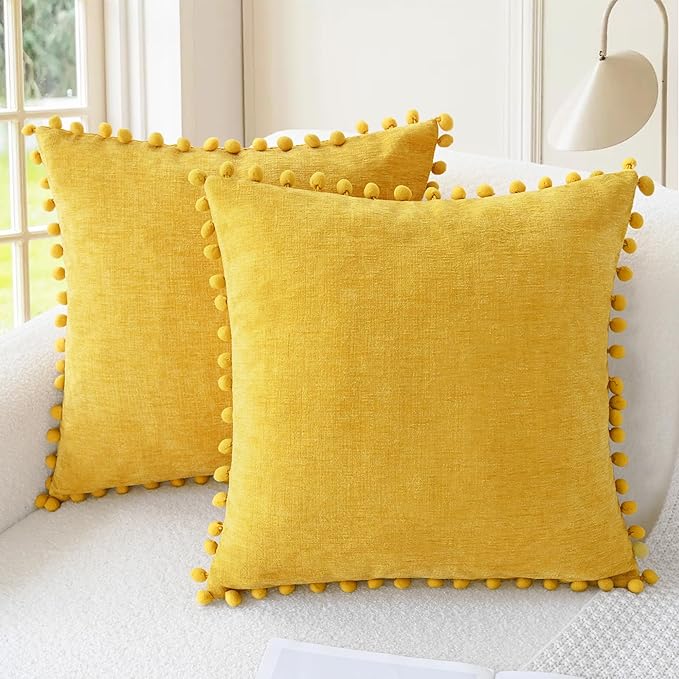 CaliTime Decorative Throw Pillow Covers 22 X 22 Inches Mustard Yellow | Pack of 2, Cozy Chenille Cushion Cases, with Pom Poms for Sofa Bed Living Room Farmhouse Home